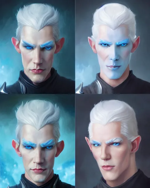 Prompt: character portrait of a ( slender young half elven man with ( white hair ) ( piercing blue eyes ) and ( pale blue skin ) ), wearing sleek pearlescent black armor, by greg rutkowski and mark brookes and jim burns and tom bagshaw and magali villeneuve, trending on artstation