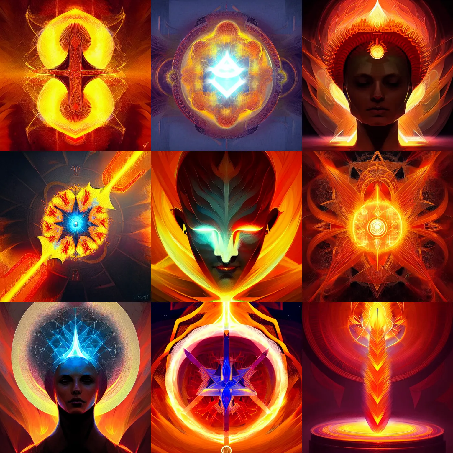 Prompt: holy flame crown spell, geometric, fractal, digital painting art, fantasy game spell symbol, by greg rutkowski