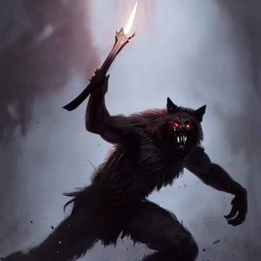 Prompt: a bloodied black werewolf holds a great dagger by Greg Rutkowski, 4k photorealistic, volumetric lighting, HD, high details, dramatic, dark atmosphere, trending on artstation