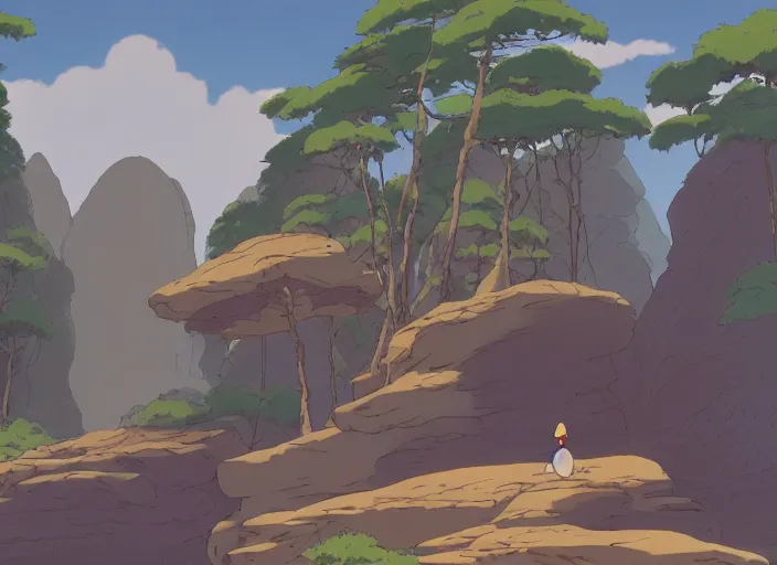 Image similar to bathed in sun, pleasing appealing smooth flat rocky environment sunningrocks by the river's shore, forest clearing, still placid environment matte painting from studio ghibli and the fox and the hound ( 1 9 8 1 )