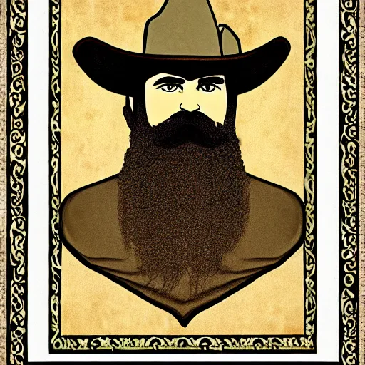 Image similar to bearded cowboy, persian folkore artstyle, portrait, calligraphy border