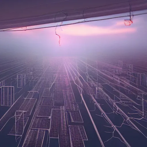 Image similar to Surreal art, suspended wires, synthetic city, beams of light, inverted buildings, clouds of ash, infinite horizon, sunset, reflections, cinematic, otherworldy.