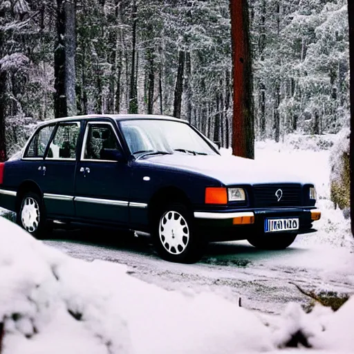 Image similar to vhs footage of a 1 9 9 5 volvo car in a snowy forest