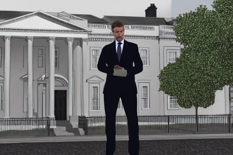 Image similar to giga chad in a suit giving a speech as prime minister, photorealistic, 8 k, 1 0 downing street background