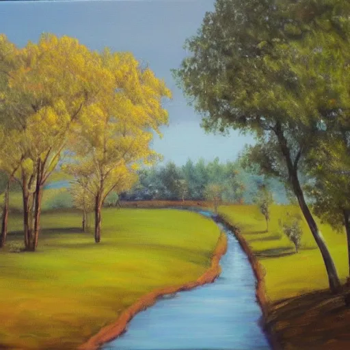 Image similar to the most beautiful landscape you've ever seen, trees, river, oil on canvas