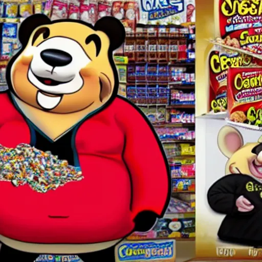 Prompt: obese steven seagal as sponsor of a sugary cereal called aikidos with cartoon rat mascot