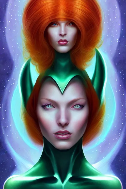 Image similar to Redhead Pleiadian alien human beautiful hybrid feminine woman, with stunning green eyes, cute symmetrical round face and a roundish nose, as a retro futuristic heroine, gorgeous digital painting, artstation, concept art, smooth, sharp focus, illustration, art by artgerm and donato giancola and Joseph Christian Leyendecker, Ross Tran, WLOP