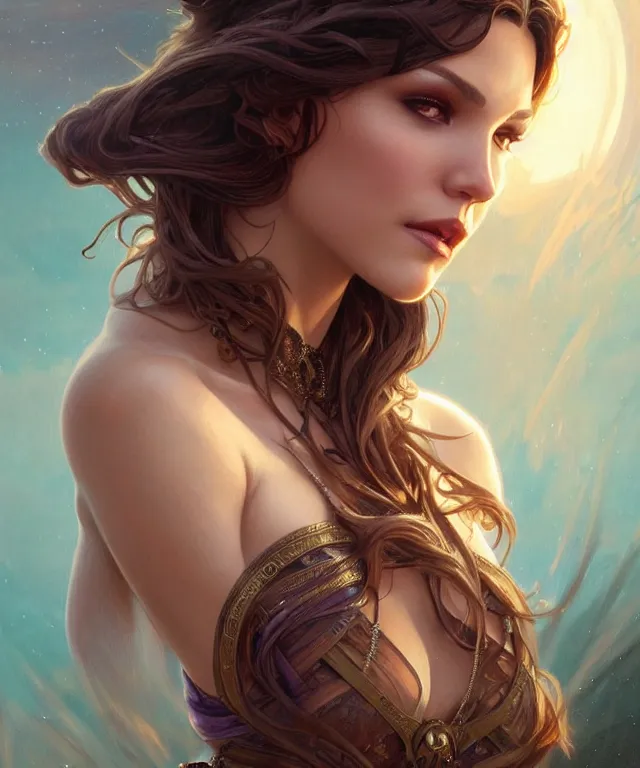 Image similar to Katherine McPhee as a fantasy magic woman portrait, sci-fi, amber eyes, face, long hair, fantasy, intricate, elegant, highly detailed, digital painting, artstation, concept art, smooth, sharp focus, illustration, art by artgerm and greg rutkowski and alphonse mucha