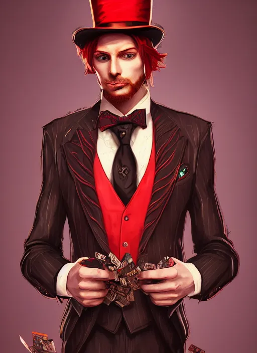 Image similar to a highly detailed illustration of stylish top hat wearing red haired attractive man, wearing suit vest, flashy card trick pose, intricate, elegant, highly detailed, centered, digital painting, artstation, concept art, smooth, sharp focus, league of legends concept art, WLOP