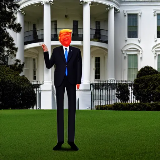 Image similar to skinny donald trump on the white house lawn realistic, detailed, high quality, photorealism, 8k