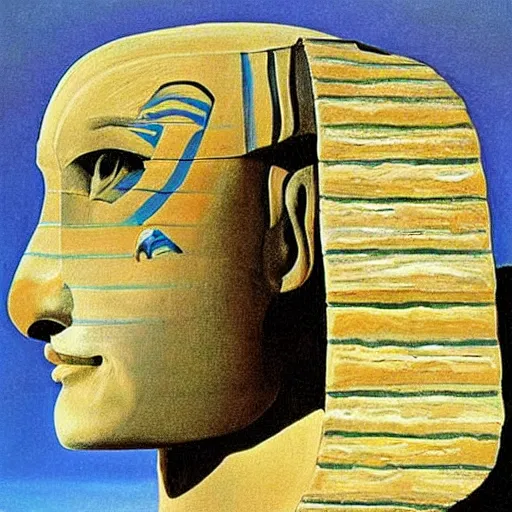 Image similar to john cleese as the sphinx, the sphinx with the head of john cleese, young john cleese's head on the sphinx, painting by salvador dali