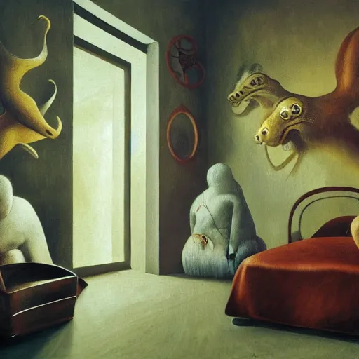 Image similar to group of creatures with distinct personalities, intertwined in an urban hotel room, several mirrors to other dimensions : : surreal architecture, chiaroscuro lighting, mysterious atmosphere : : a beautifully executed oil painting by leonora carrington, hieronymus bosch and james jean, ultra - detailed technical precision : : matte painting, high definition 3 d render, unreal engine