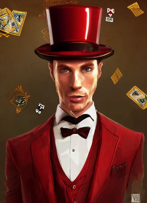 Image similar to a highly detailed illustration of stylish top hat wearing red haired attractive man, wearing suit vest, flashy pose, playing card background, intricate, elegant, highly detailed, centered, digital painting, artstation, concept art, smooth, sharp focus, league of legends concept art, WLOP