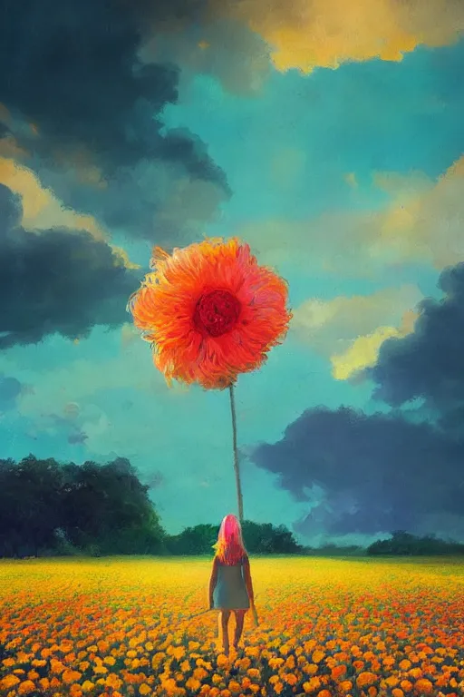 Image similar to giant flower head, girl walking in a flower field, surreal photography, sunrise, dramatic light, impressionist painting, colorful clouds, digital painting, artstation, simon stalenhag