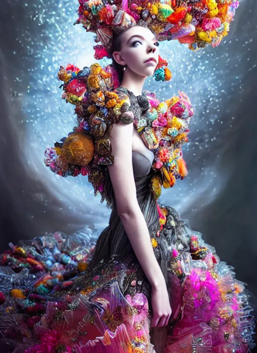 Image similar to expressive full body photo of anya taylor - joy, dress made of sweets and candies, glamour shot, by karol bak, stefan gesell, photorealistic, nikon d 4 x, fashion photography, hyper maximalist, elegant, ornate, luxury, elite, environmental portrait, symmetrical features, octane render, unreal engine, solid dark grey background, dramatic lights