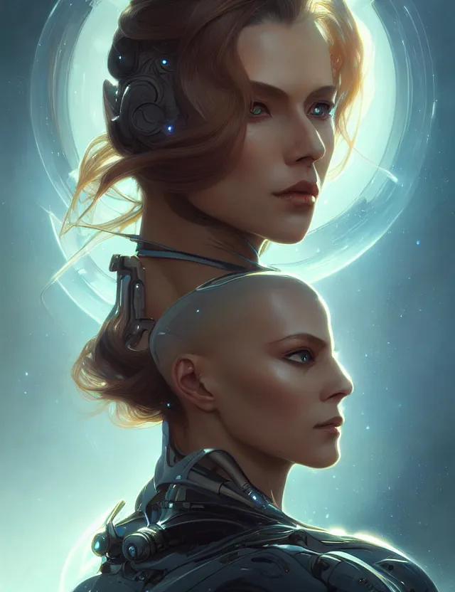 Image similar to futuristic woman portrait, sci-fi, amber eyes, face, long hair, fantasy, intricate, elegant, highly detailed, digital painting, artstation, concept art, smooth, sharp focus, illustration, art by artgerm and greg rutkowski and alphonse mucha