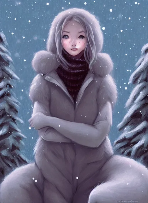Image similar to award winning beautiful portrait commission art of a female furry anthro polar bear fursona with a cute beautiful attractive detailed feminine furry face wearing a cute stylish winter sweater and pants at a comfy winter cabin at dusk by firelight. Character design by charlie bowater, ross tran, artgerm, and makoto shinkai, detailed, inked, western comic book art