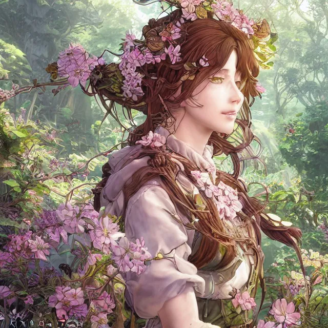 Image similar to the portrait of chaotic good female druid botanist as absurdly beautiful, gorgeous, elegant, young anime girl, an ultrafine hyperdetailed illustration by kim jung gi, irakli nadar, intricate linework, sharp focus, bright colors, octopath traveler, final fantasy, unreal engine 5 highly rendered, global illumination, radiant light, detailed and intricate environment