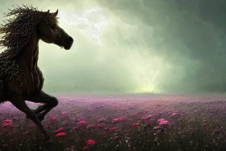 Image similar to a stunning digital painting of a horse made of instricately engraved gnarled wood with a mane of bioluminescent flowers running through a field of flowers by greg rutkowski, flowercore, volumetric light, digital art, fine detail, photorealistic