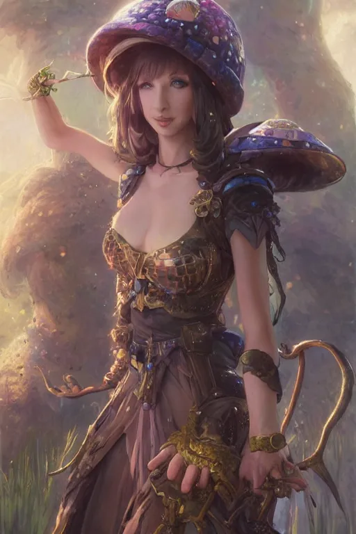 Prompt: lisa kudrow as anime girl, mushroom kingdom, fantasy character portrait, concept art, sorceress, magical aura, bright, interesting angle, intricate details, highly detailed by greg rutkowski, gaston bussiere, simon bisley