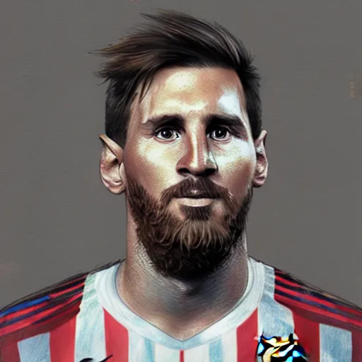 Image similar to a well designed portrait of Messi , detailed, realistic, sketch style, Greg Rutkowski, 8K resolution.