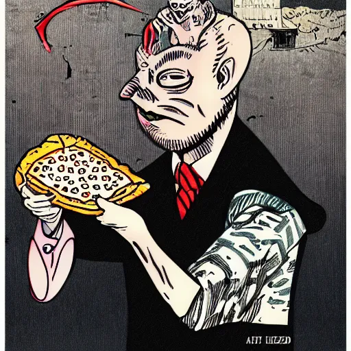 Prompt: king harald eating pizza, horror, drawn comic by Junji Ito, glossy old advertising poster, pastels, gradient,