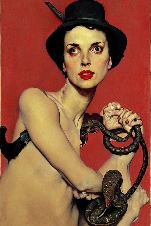 Image similar to portrait of fierce woman as with human head and serpent's body, norman rockwell, jacob collins, tom lovell, frank schoonover