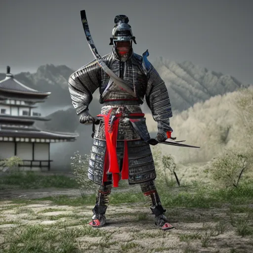 Prompt: highly detailed samurai with katana standing in ruined Japanese village, epic, photorealistic, 8k octane render