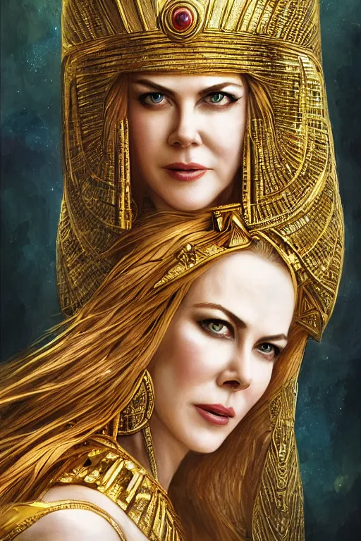 Prompt: Nicole Kidman as egyptian princess, gorgeous, portrait, powerful, intricate, beautiful, masterpiece, elegant, volumetric lighting, digital painting, highly detailed, artstation, sharp focus, illustration, Hajime sorayama, ruan jia