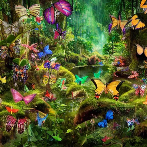 Prompt: extra wide view. marvelous magic forest jungle inhabited with colorful butterflies. fantasy. hyper - detailed. hyperreal. unreal render