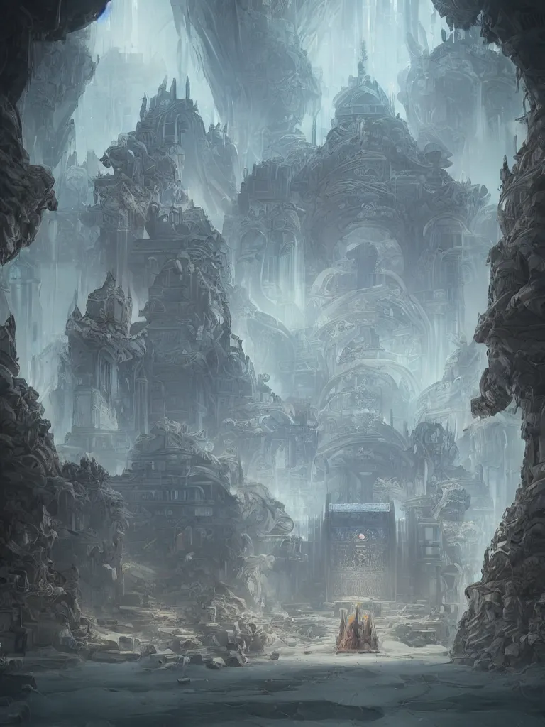 Image similar to a dream temple environment where one draws mystical energy into their heart, ancient ceremonial futuristic architecture, pristine concept art, symmetrical, in the style of Ross Tran and WLOP