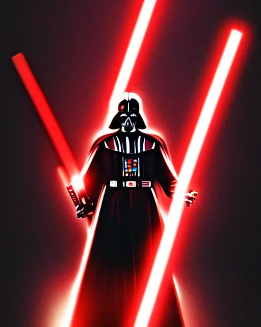 Prompt: a fan art of Darth Vader stood in a dark room lit up by his lightsaber, full shot, photo, long shot