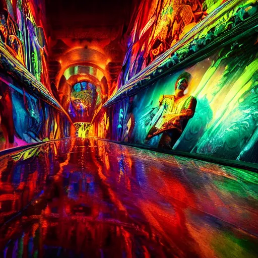 Image similar to cinematic shot epic hall of creatives, walls of large moving images, hyper realistic, mood lighting, fantasy, detailed people creating colorful diverse art, highly detailed, super realistic, perfect lighting pixel sorting, style sheet
