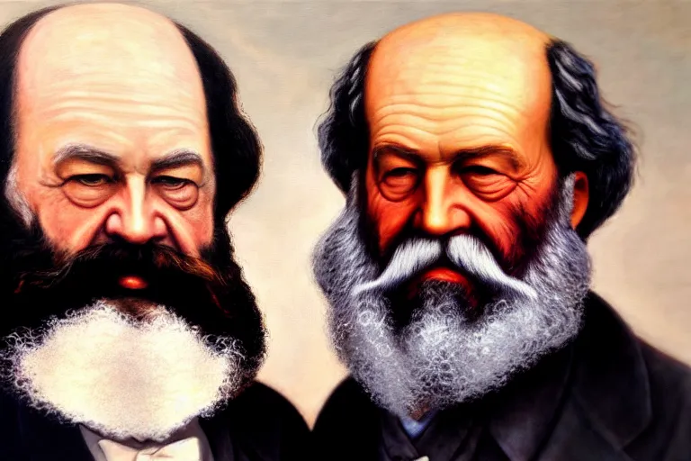 Image similar to ( ( a beautiful 8 k photorealistic masterpiece oil - painting ) ( close up ) and ( zoom out ) ( of ( karl marx and sigmund freud hugging ) ( in funny clothes ( both giggling and having fun ) ) ) ( hyperrealism ) ( 1 6 k ) ( trending on artstation )
