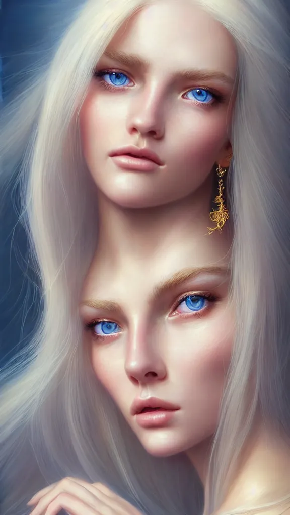 Prompt: a beautiful portrait, golden background, gorgeous fantasy woman, professionally retouched, soft lighting, realistic, smooth face, gorgeous blue eyes, long white hair, cute ears, wide angle, sharp focus on the eyes, 8 k high definition, insanely detailed, intricate, elegant, gorgeous, art by artgerm and wlop