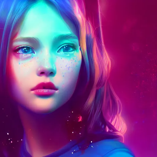 Prompt: A Stunning portrait of a sexy teen girl, art by Ross tran, vivid color palette, digital painting, 3D, octane render, post process in Photoshop, highly detailed, particles, light effect, volumetric lighting