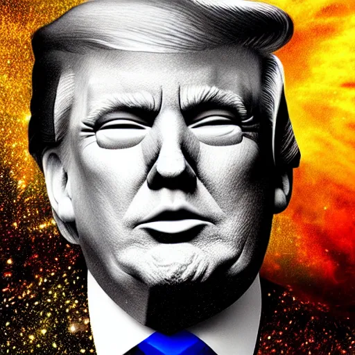 Prompt: donald trump portrait made out of galaxies, beautiful, cyborg, cinematic comic book art, realistic, highly detailed, octane render