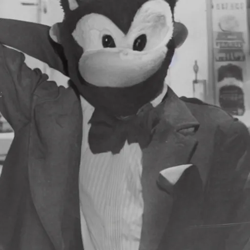 Image similar to a 1940s photograph of a man wearing a sonic the hedgehog suit