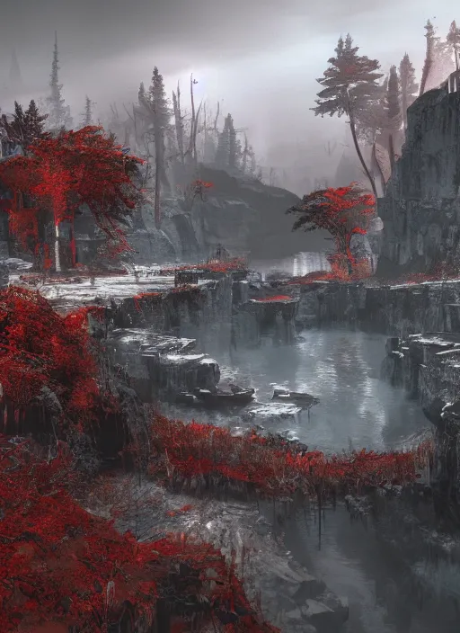 Image similar to highly detailed landscapes from half life game, dark, red, 8 k, high resolution, unreal engine, detailed and intricate environment, digital paining, concept art