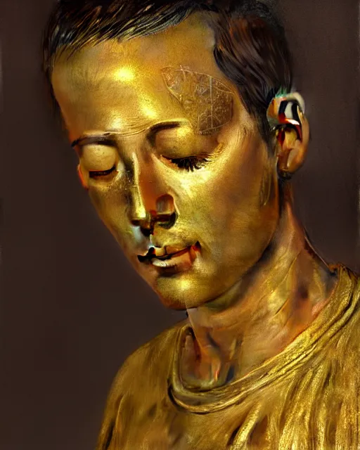 Image similar to realistic portrait of a man covered in gold with closed eyes, photo realistic, detailed, 1 4 5 0, delicate, hyper realism, ultra realistic, 8 k