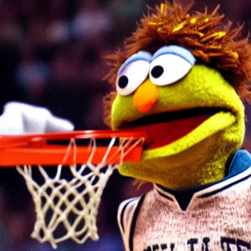 Prompt: beaker from the muppets dunking a basketball wearing air jordans