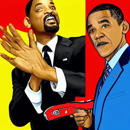 Image similar to will smith slapping obama with a black flip flop, digital art in the style of gta 5 cover art