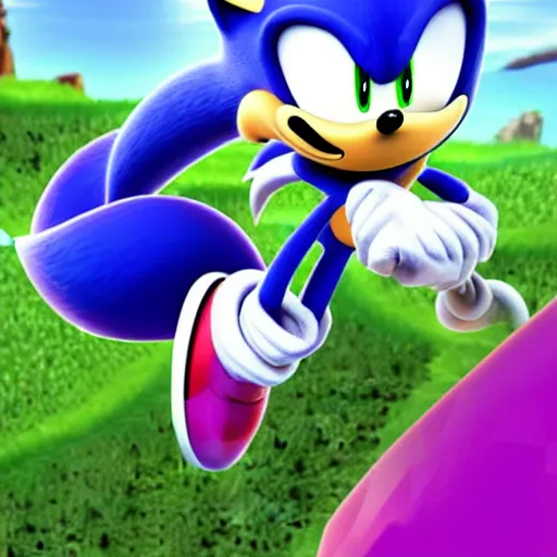 Image similar to Sonic but he’s a purple pangolin racing through green hill zone