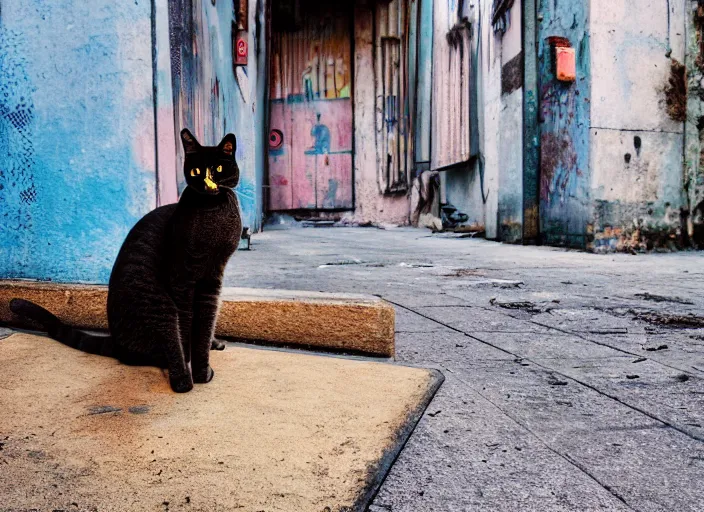 Image similar to photography of a Cat sitting on a box. in a cyberpunk street, award winning photo, saturated, colored, colors, 100mm, sharp, high res
