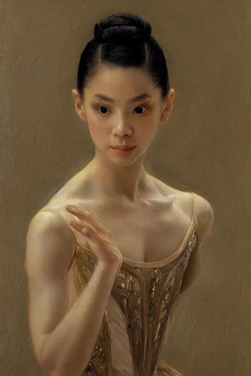 Image similar to portrait of a gorgeous graceful young filipina prima ballerina, by donato giancola and berthold woltze.