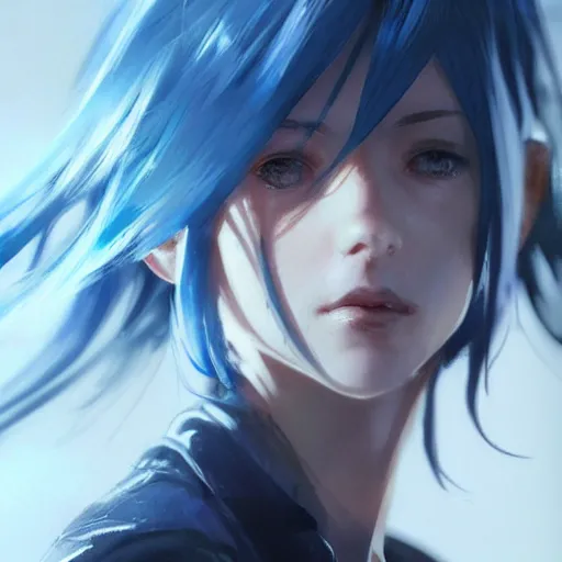 Image similar to realistic portrait of Sinon from sword art online, short blue hair, dramatic lighting, illustration by Greg rutkowski, yoji shinkawa, 4k, digital art, concept art, trending on artstation