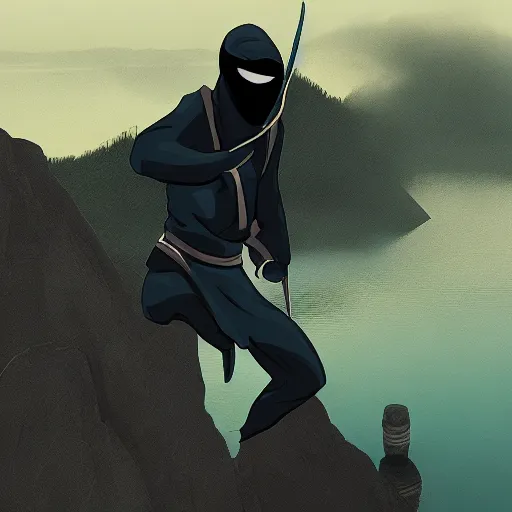 Prompt: ninja, hovering above foggy lake, trending on artstation, manga style 4 k
