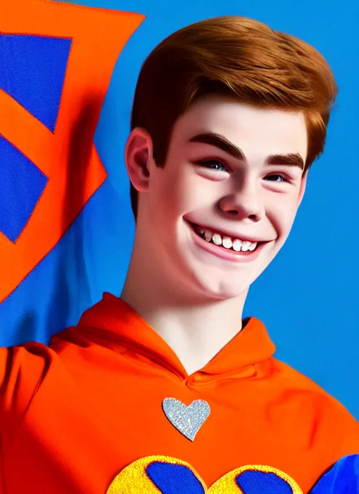 Image similar to friendly teenage archie andrews wearing an orange superhero costume with heart logo, heart, orange costume, blue cape, freckles, cape, heart emblem on chest, heart, blue cape, intricate, elegant, glowing lights, highly detailed, digital painting, artstation, sharp focus, illustration, art by wlop, mars ravelo and greg rutkowski