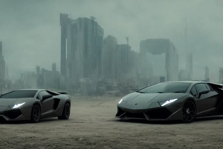 Image similar to A cinematic film still of a Lamborghini in the movie Blade Runner: 2049.