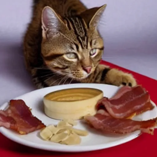 Prompt: Arnold the cat eating bacon